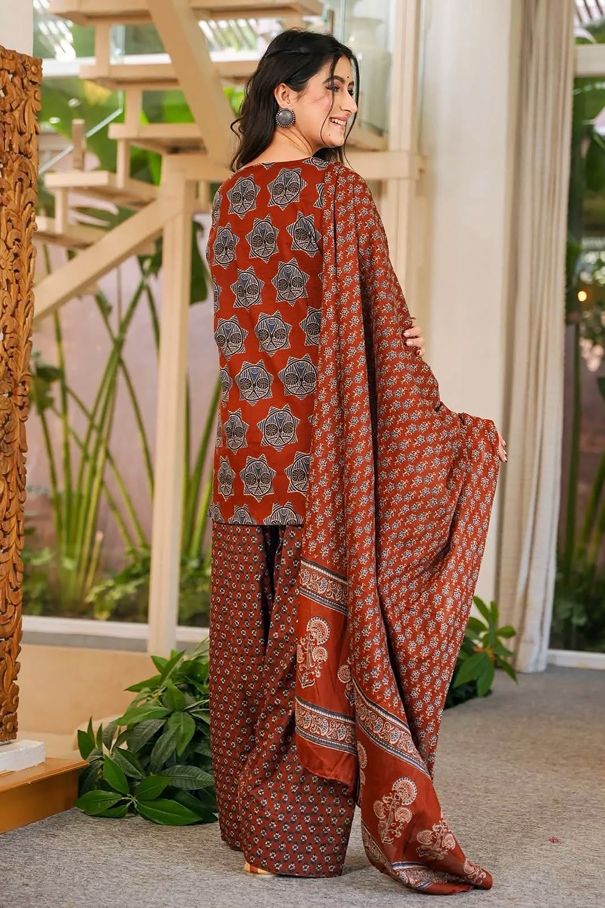 Rust Maroon Traditional Geometric Block Printed Cotton Kurta Set