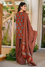 Rust Maroon Traditional Geometric Block Printed Cotton Kurta Set