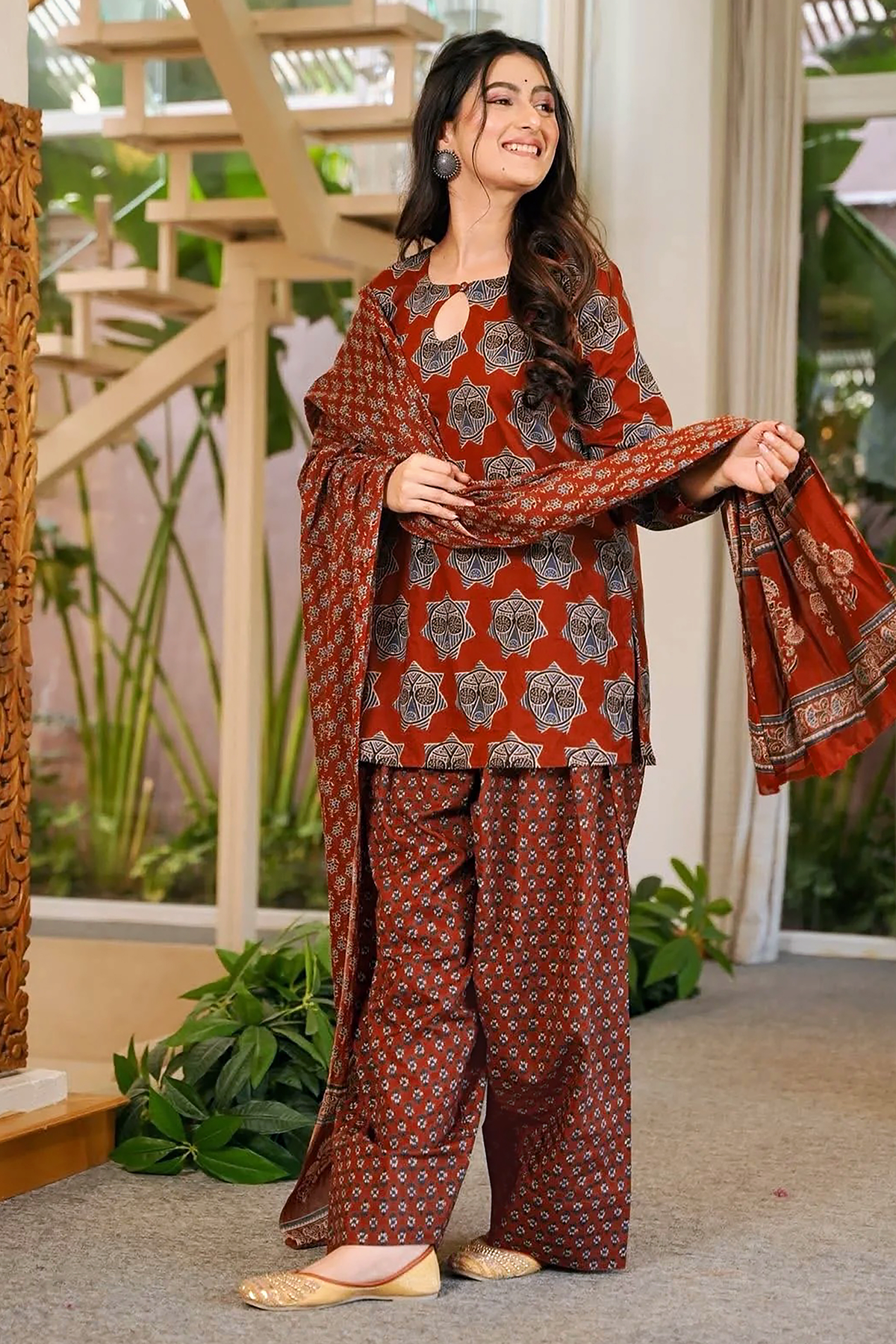 Rust Maroon Traditional Geometric Block Printed Cotton Kurta Set