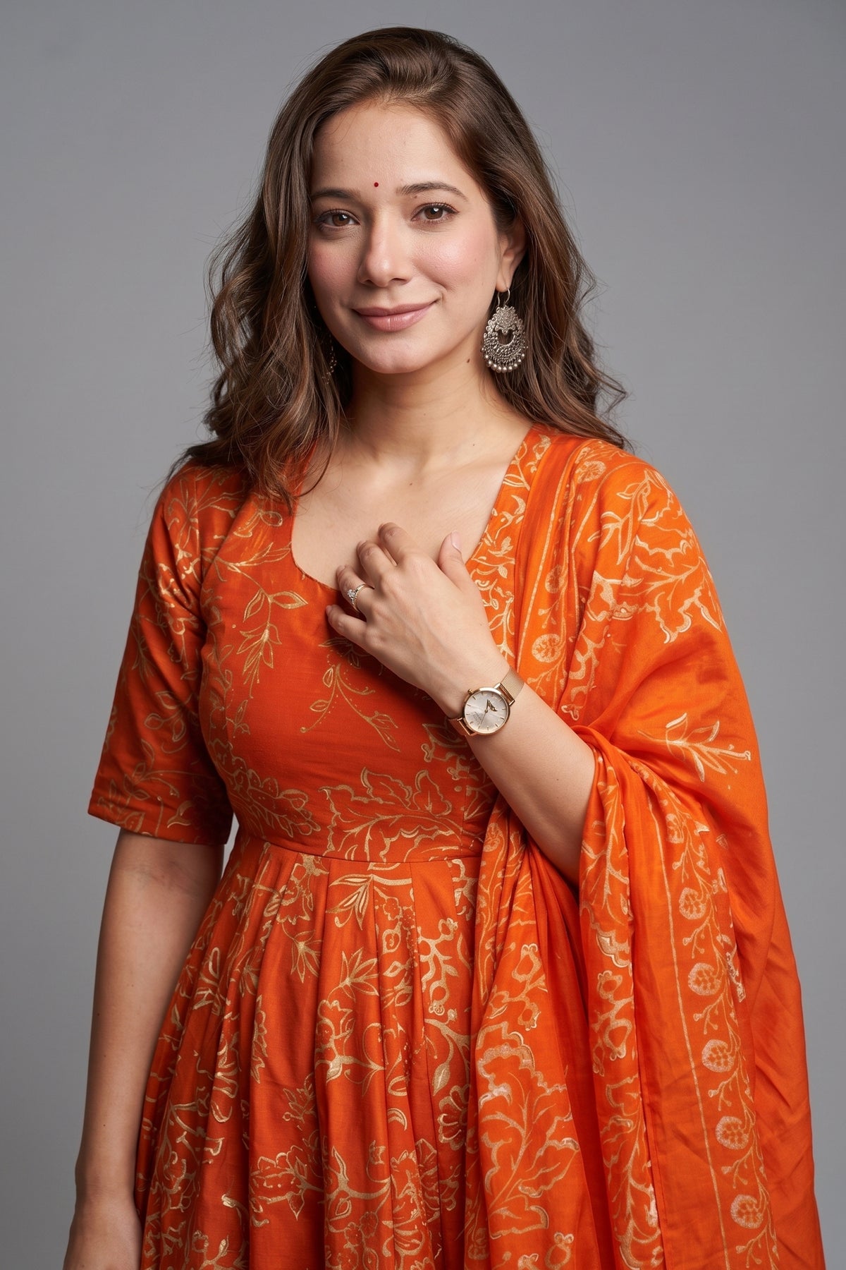 Tangerine Rust Muslin Anarkali Set with Digital Printed Dupatta