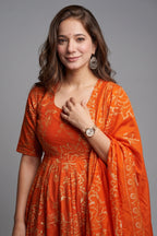 Tangerine Rust Muslin Anarkali Set with Digital Printed Dupatta