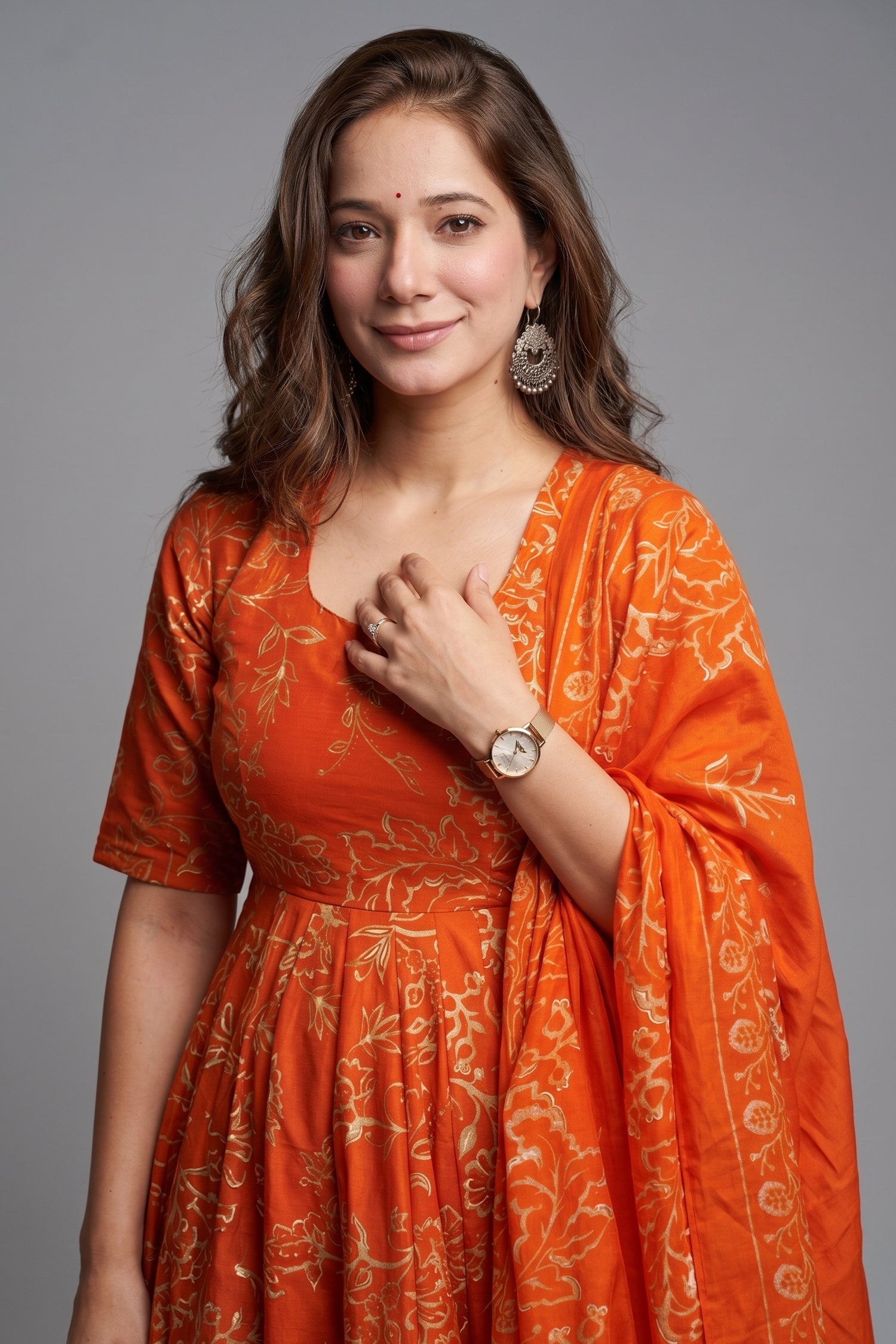 Tangerine Rust Muslin Anarkali Set with Digital Printed Dupatta