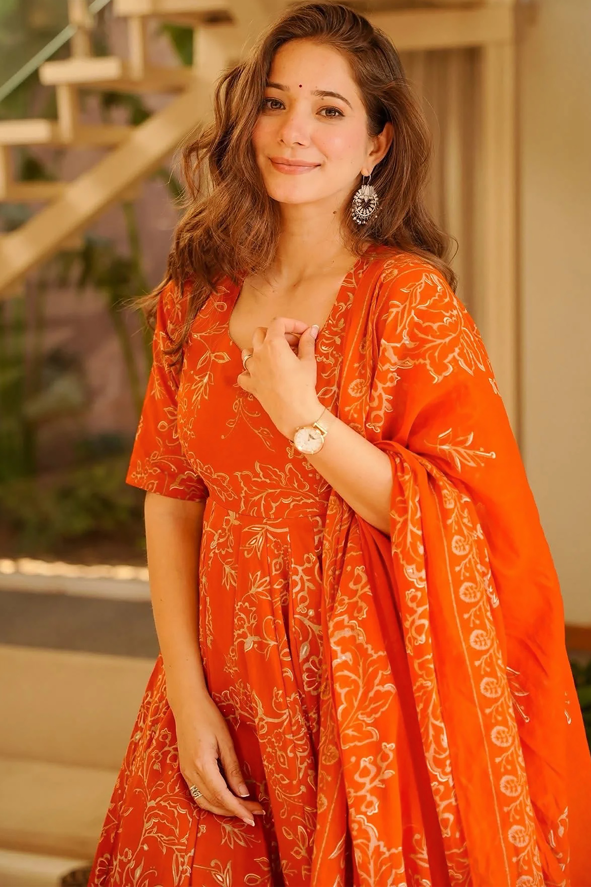 Tangerine Rust Muslin Anarkali Set with Digital Printed Dupatta