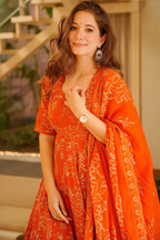 Tangerine Rust Muslin Anarkali Set with Digital Printed Dupatta