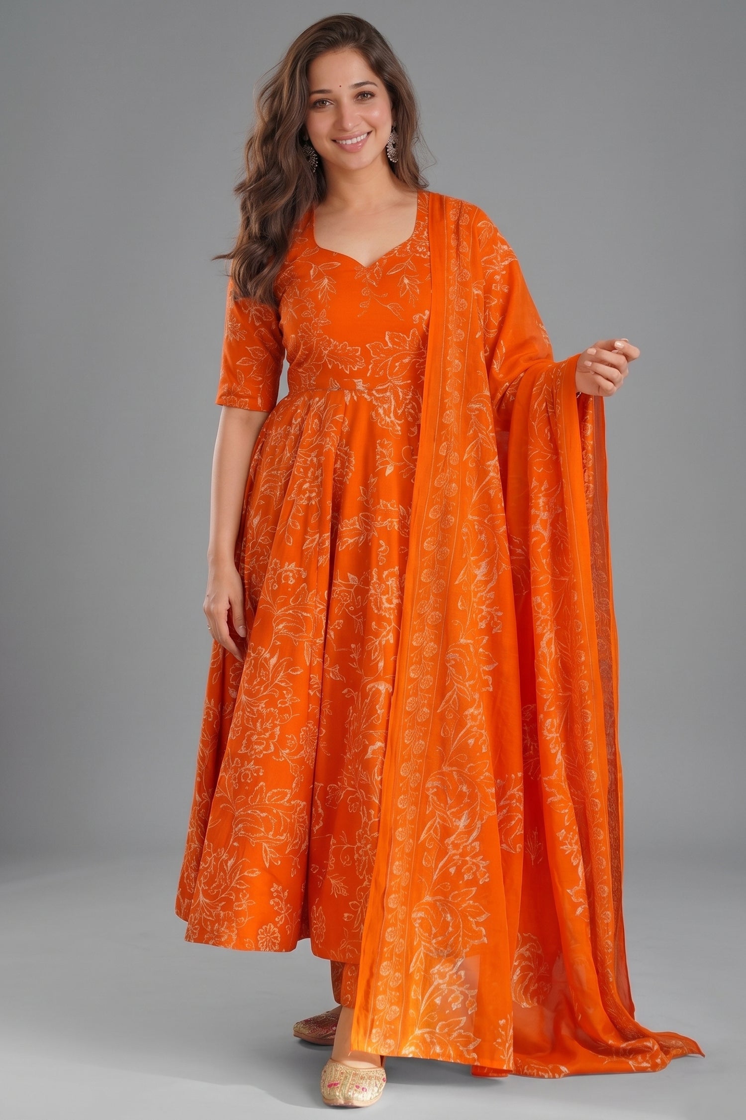 Tangerine Rust Muslin Anarkali Set with Digital Printed Dupatta Main image
