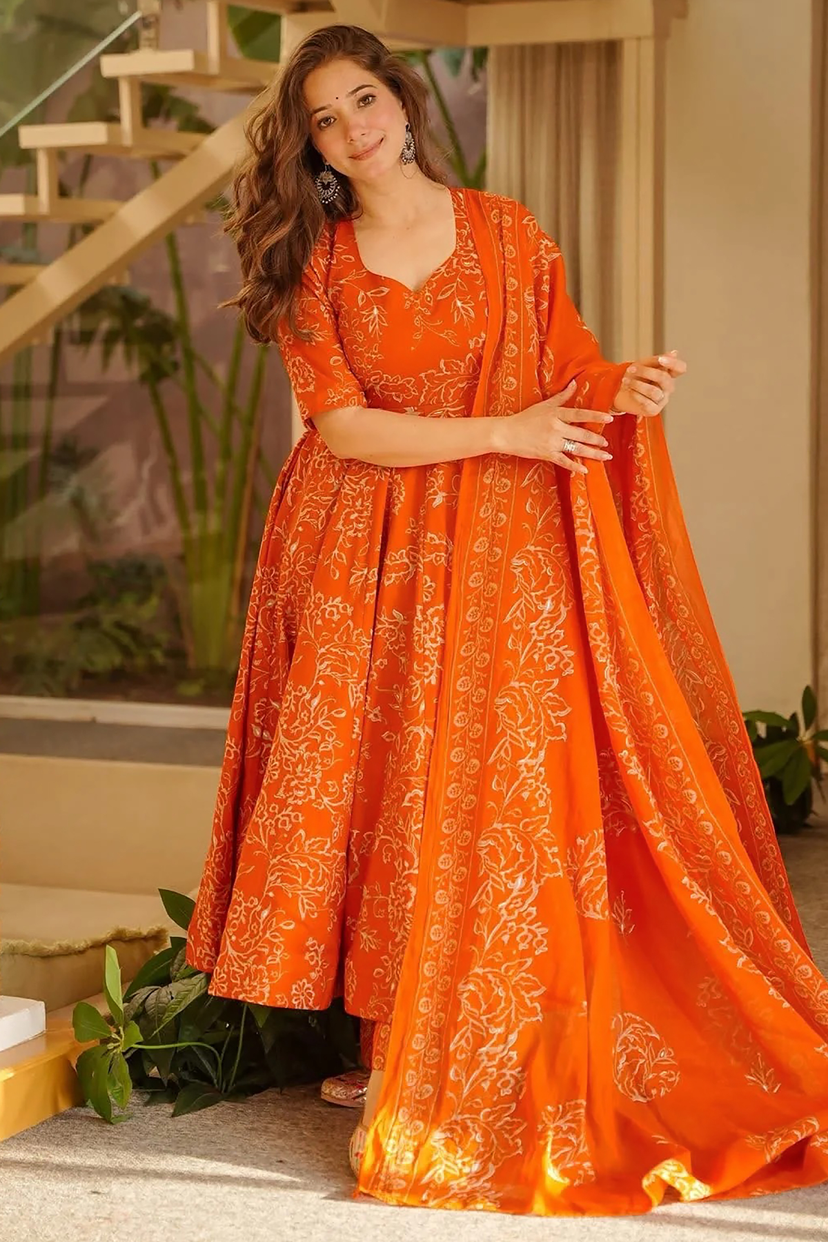 Tangerine Rust Muslin Anarkali Set with Digital Printed Dupatta