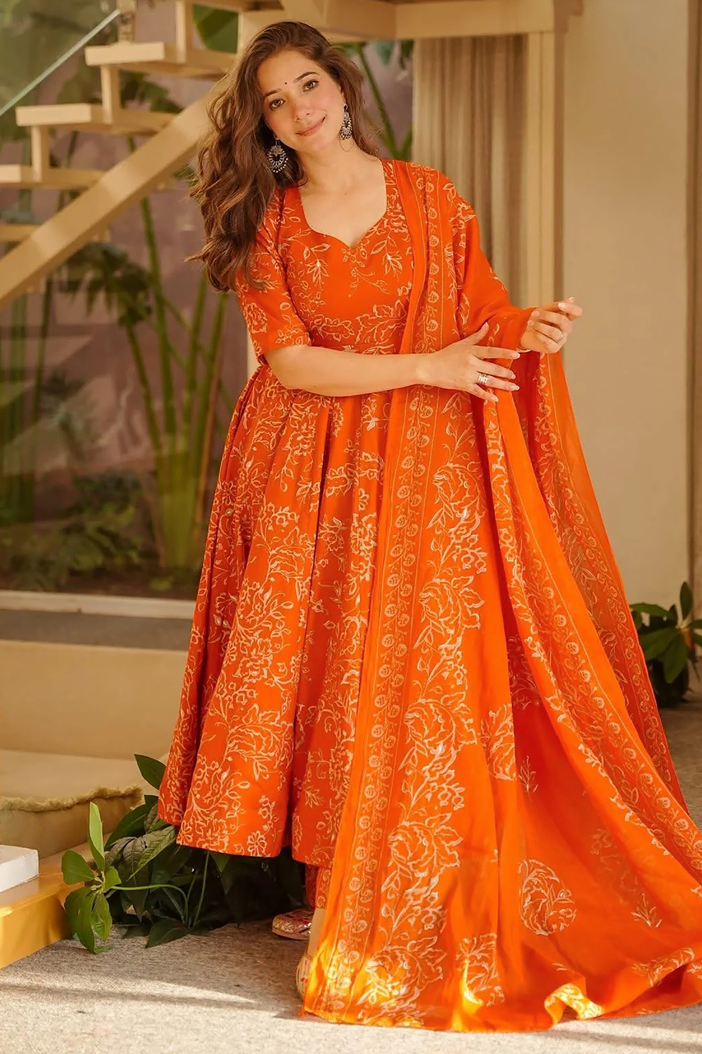 Tangerine Rust Muslin Anarkali Set with Digital Printed Dupatta