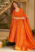 Tangerine Rust Muslin Anarkali Set with Digital Printed Dupatta