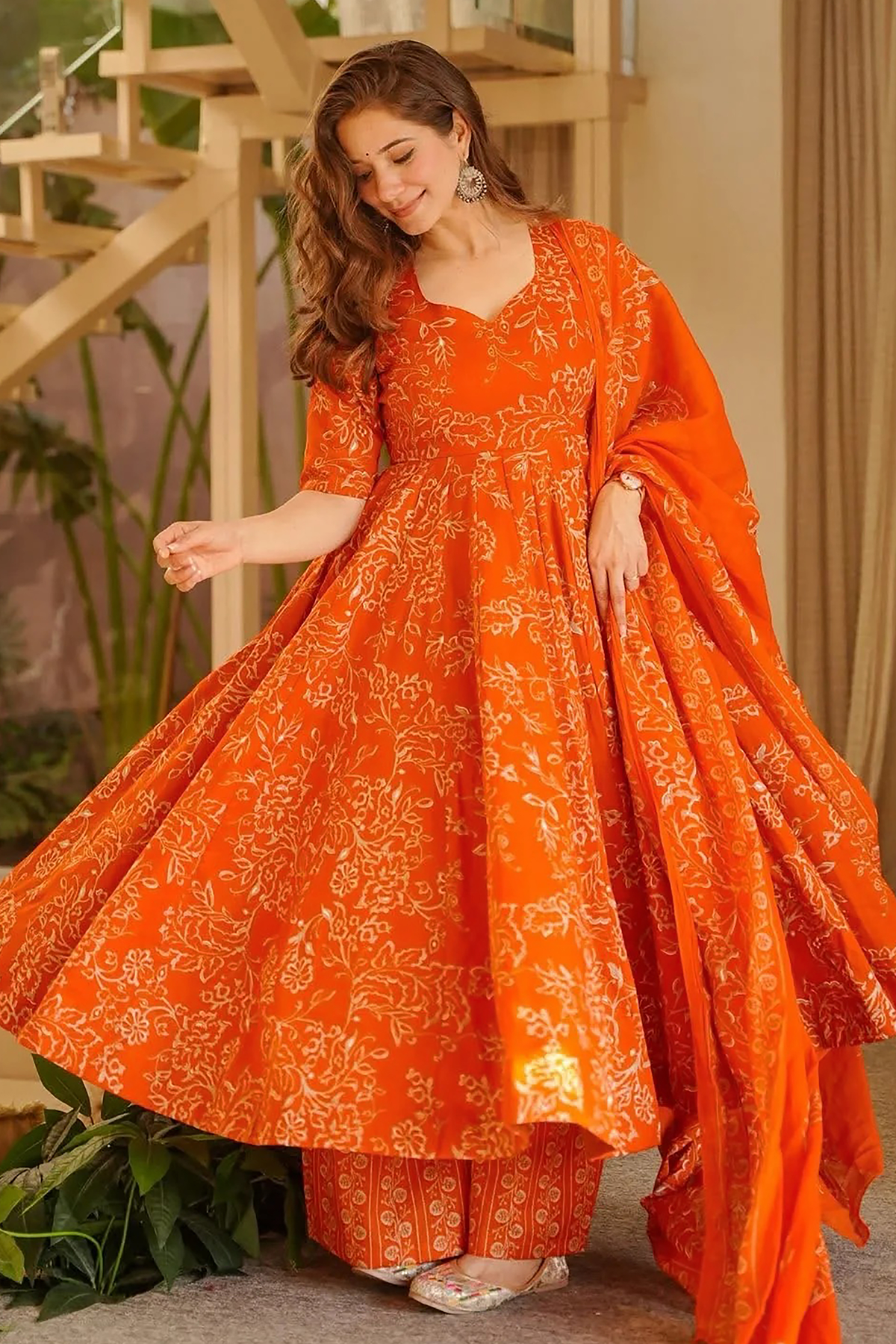 Tangerine Rust Muslin Anarkali Set with Digital Printed Dupatta