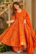 Tangerine Rust Muslin Anarkali Set with Digital Printed Dupatta