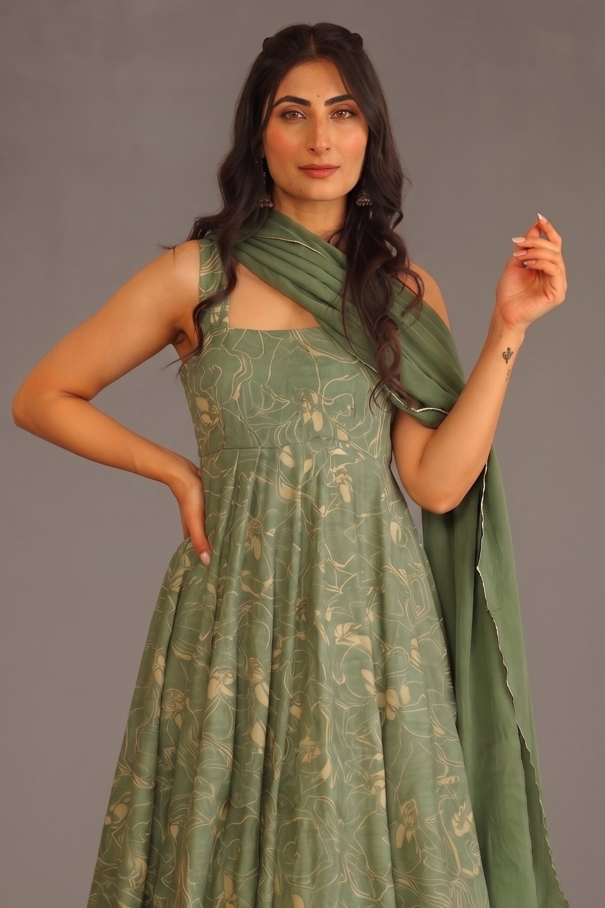 Sage Green Botanical Print Muslin Silk Anarkali Kurti Set