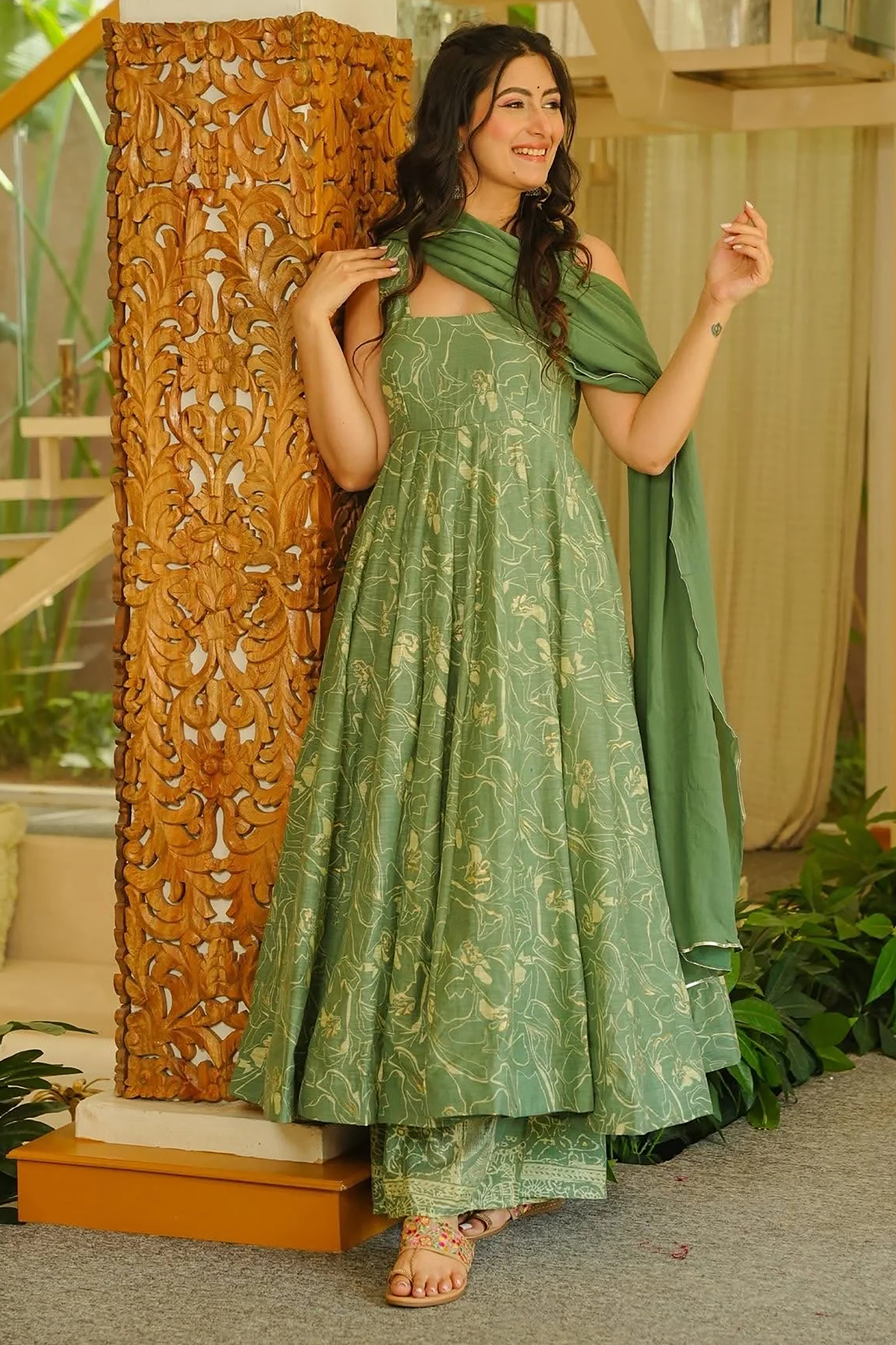 Sage Green Botanical Print Muslin Silk Anarkali Kurti Set