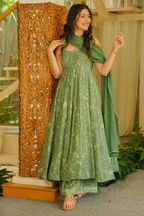 Sage Green Botanical Print Muslin Silk Anarkali Kurti Set