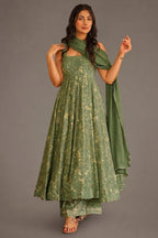 Sage Green Botanical Print Muslin Silk Anarkali Kurti Set