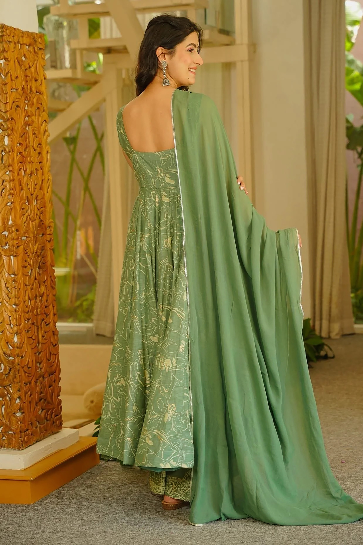 Sage Green Botanical Print Muslin Silk Anarkali Kurti Set