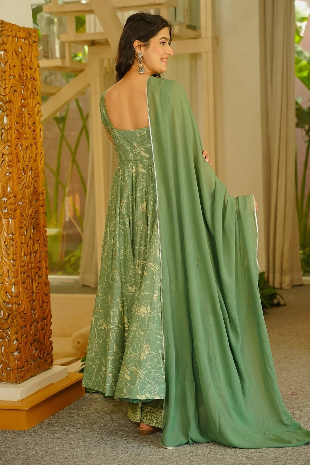 Sage Green Botanical Print Muslin Silk Anarkali Kurti Set