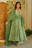 Sage Green Botanical Print Muslin Silk Anarkali Kurti Set