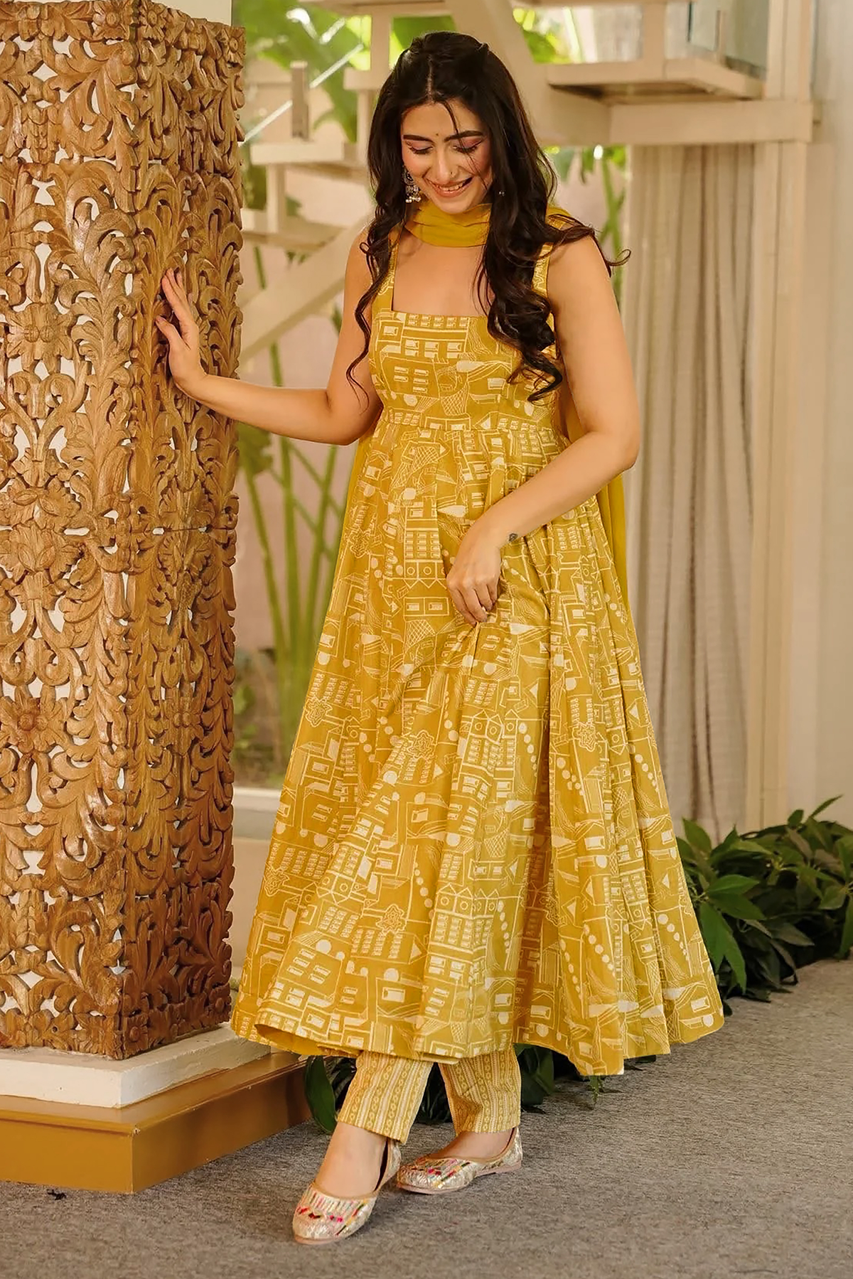 Ochre Gold Geometric Motifs Muslin Flared Anarkali Set