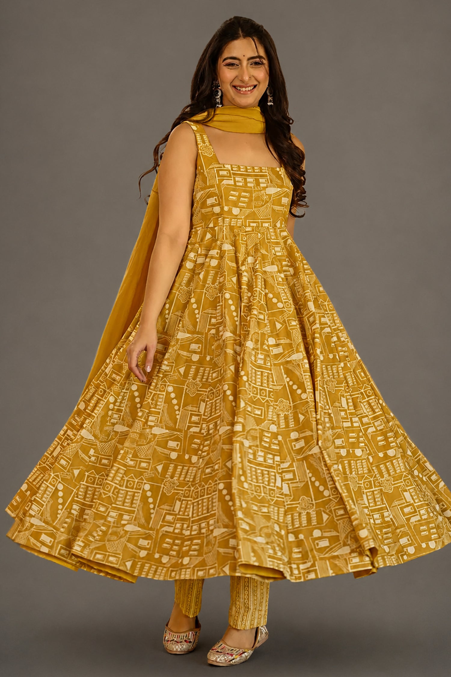 Ochre Gold Geometric Motifs Muslin Flared Anarkali Set Main image