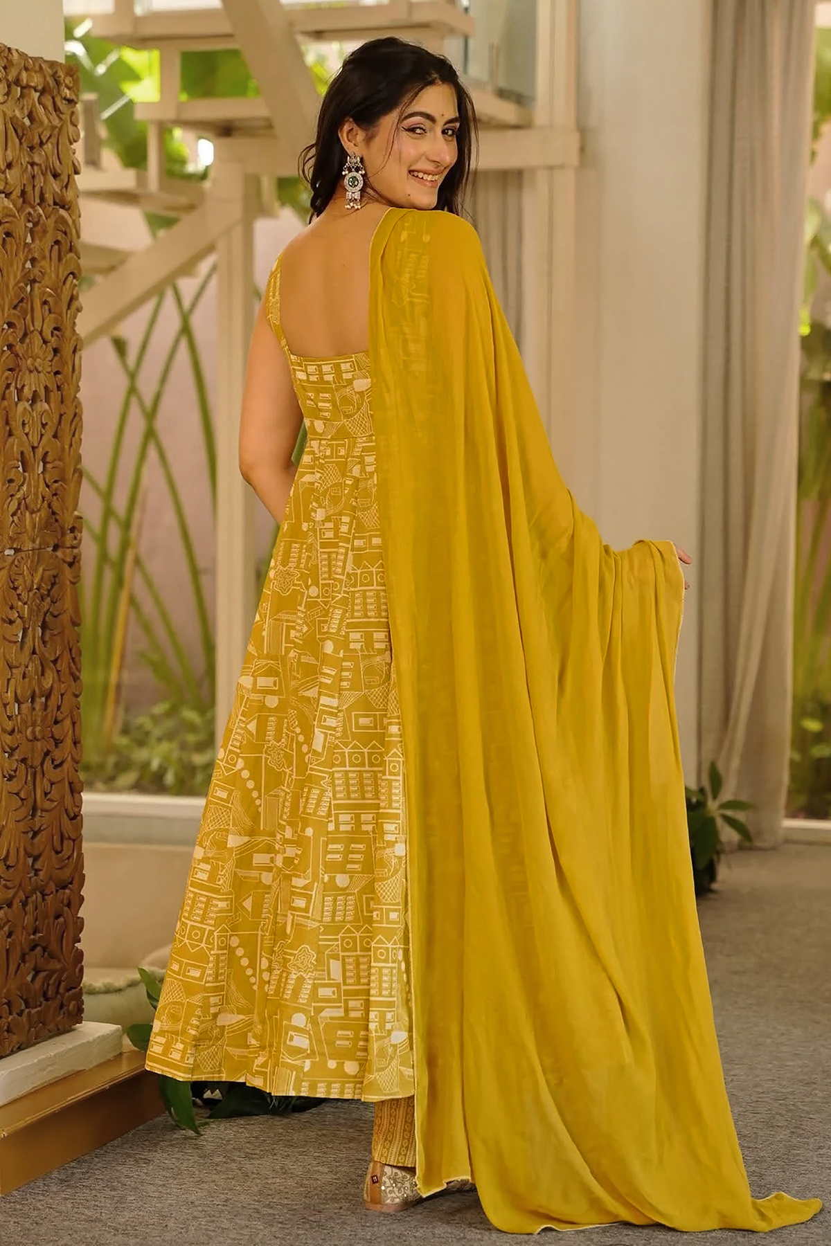 Ochre Gold Geometric Motifs Muslin Flared Anarkali Set