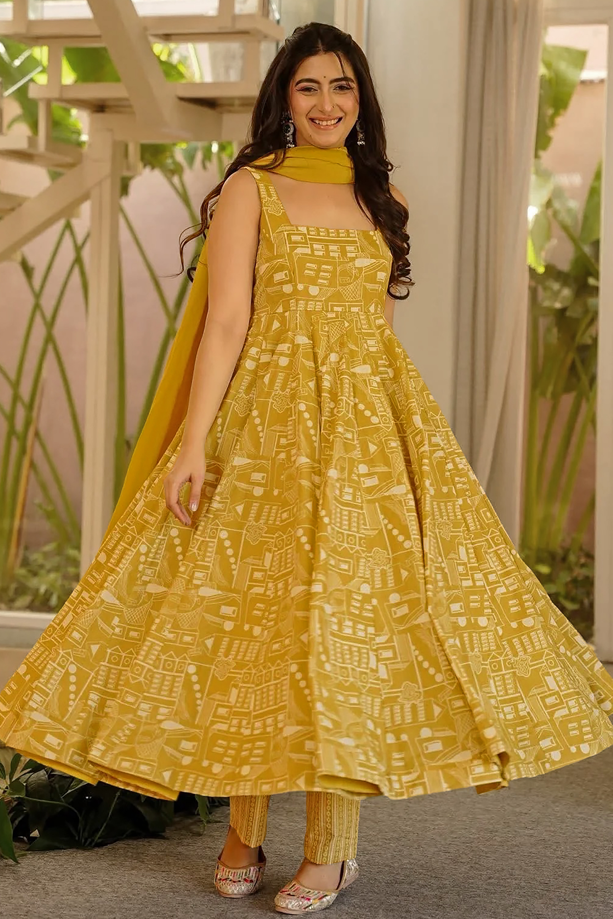 Ochre Gold Geometric Motifs Muslin Flared Anarkali Set