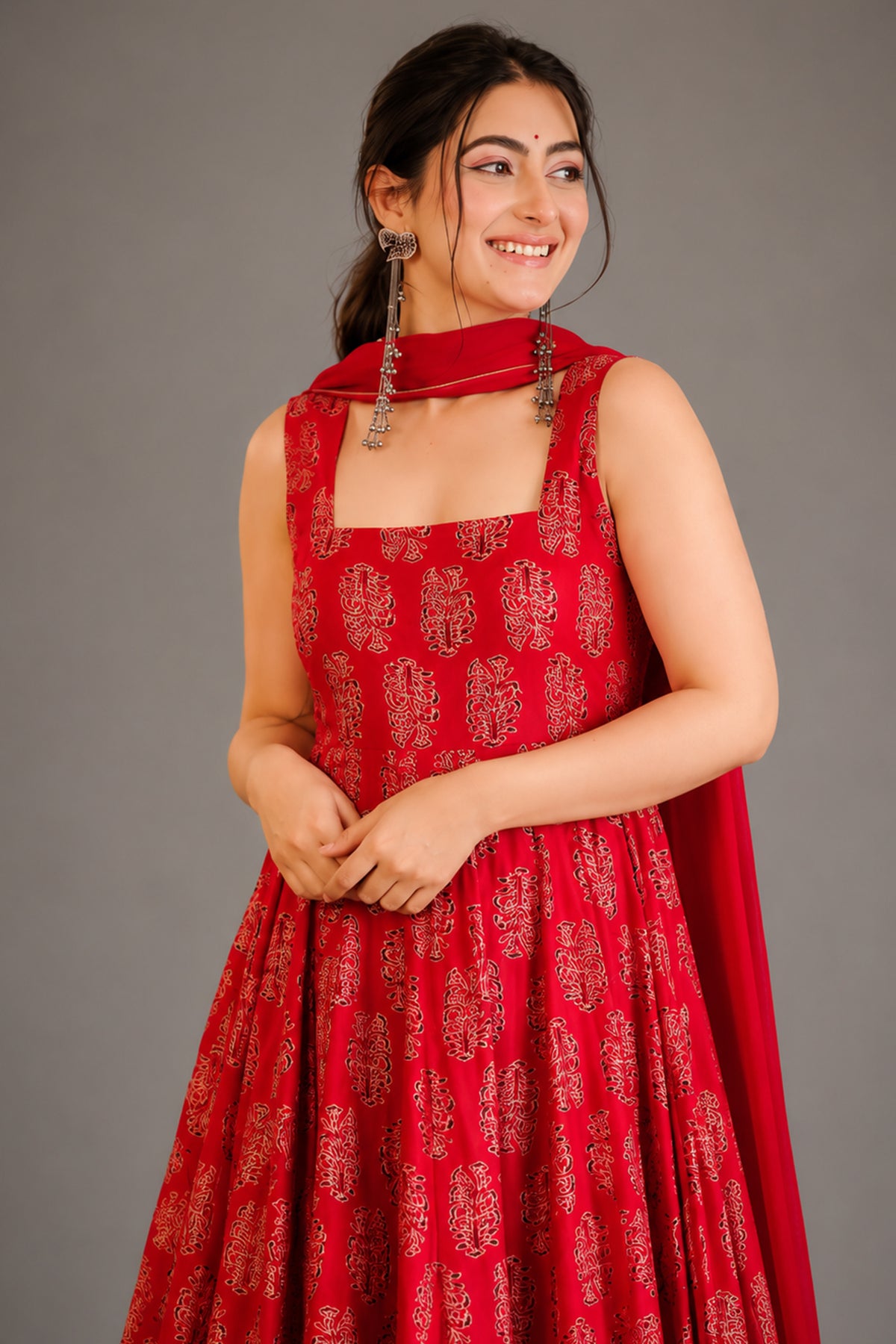 Scarlet Red Heritage Print Muslin Floor-Length Anarkali Kurti Set