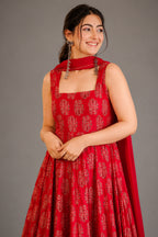 Scarlet Red Heritage Print Muslin Floor-Length Anarkali Kurti Set
