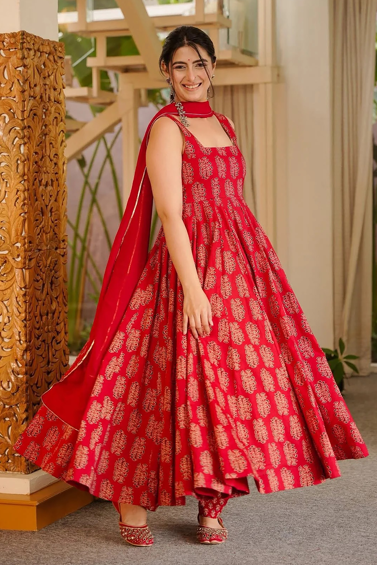 Scarlet Red Heritage Print Muslin Floor-Length Anarkali Kurti Set