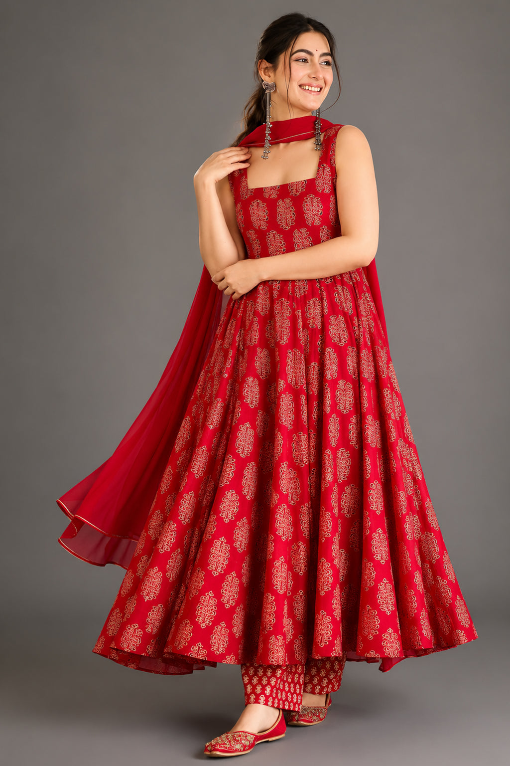 Scarlet Red Heritage Print Muslin Floor-Length Anarkali Kurti Set