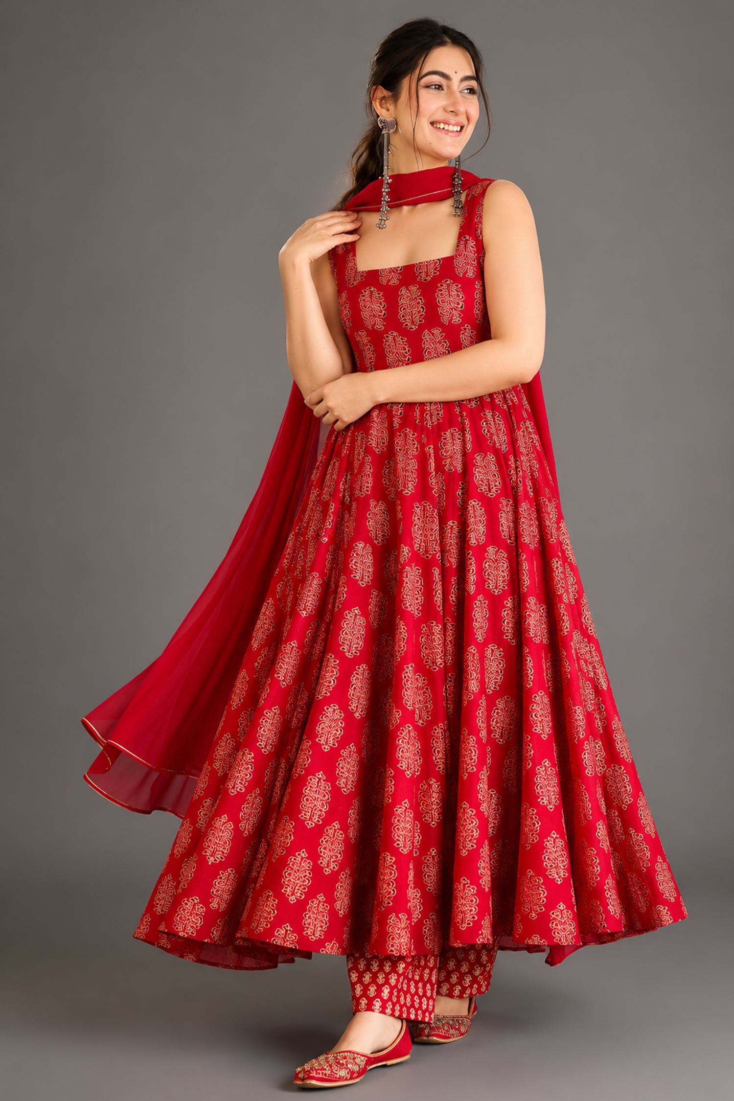 Scarlet Red Heritage Print Muslin Floor-Length Anarkali Kurti Set