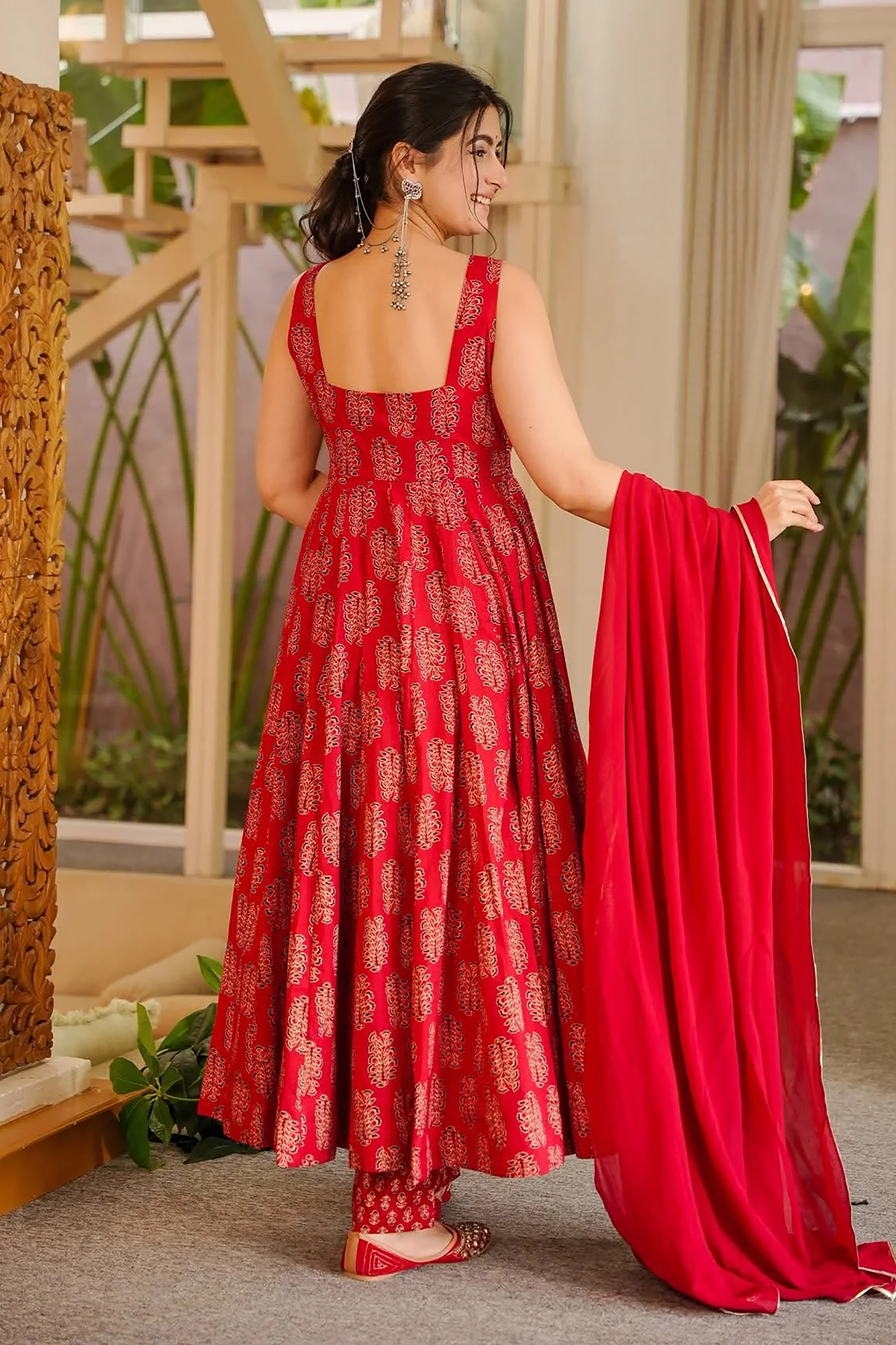 Scarlet Red Heritage Print Muslin Floor-Length Anarkali Kurti Set