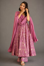 Dusty Mauve Pastel Floral Muslin Anarkali Kurti Set