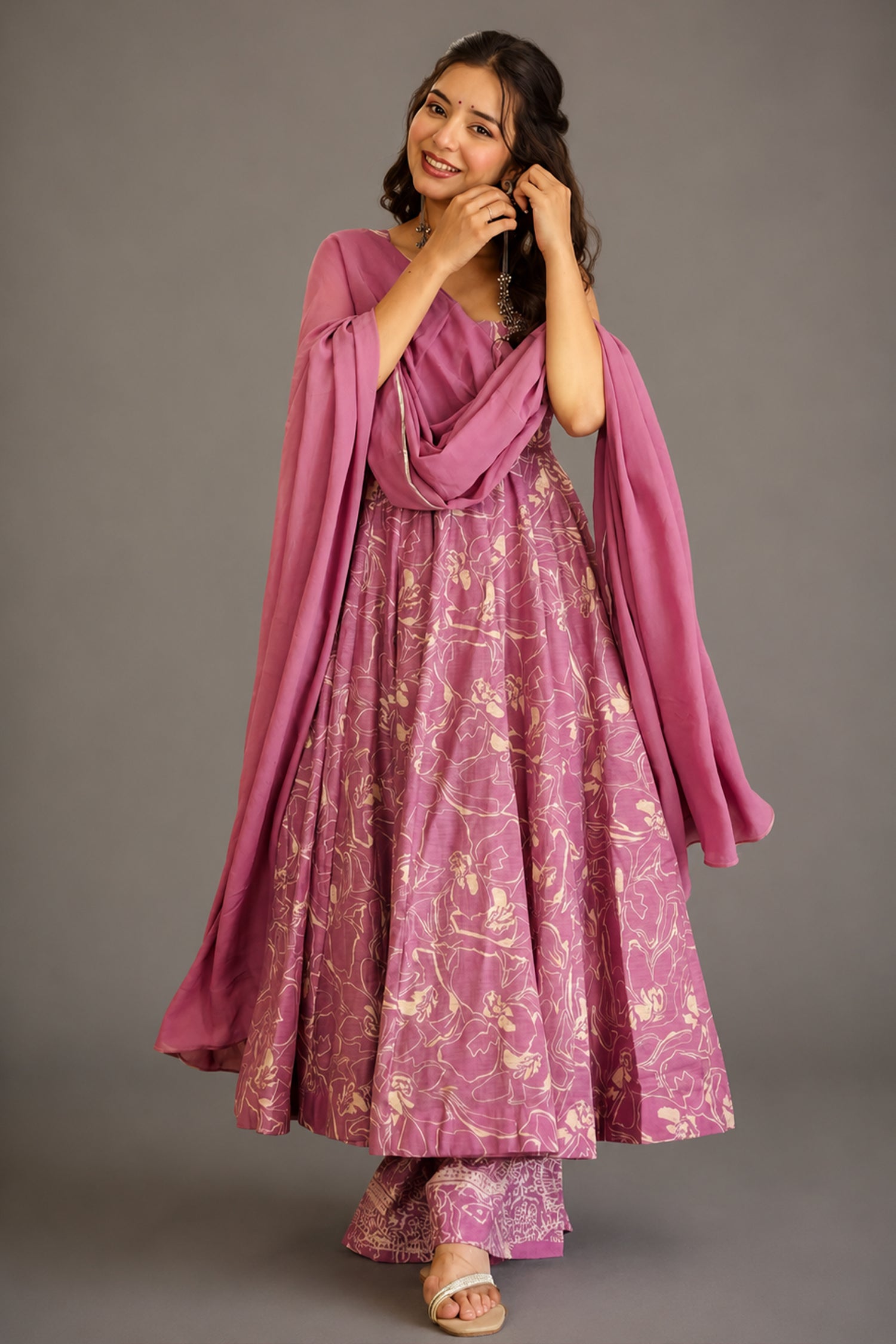 Dusty Mauve Pastel Floral Muslin Anarkali Kurti Set