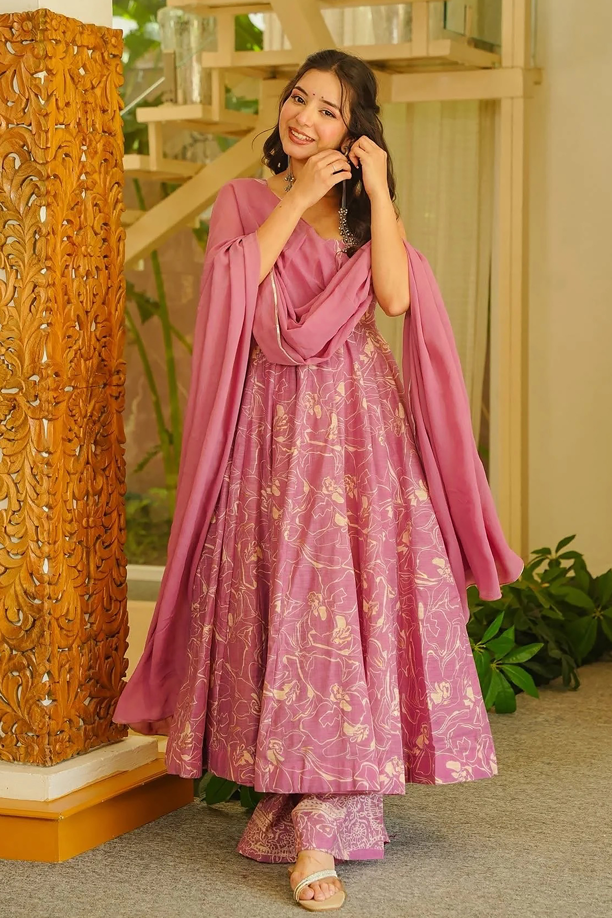 Dusty Mauve Pastel Floral Muslin Anarkali Kurti Set