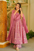 Dusty Mauve Pastel Floral Muslin Anarkali Kurti Set
