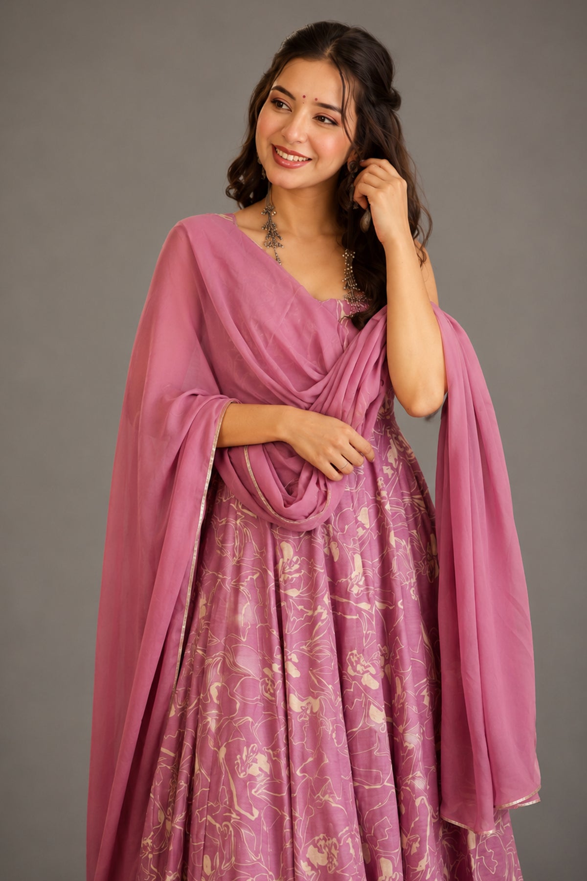 Dusty Mauve Pastel Floral Muslin Anarkali Kurti Set