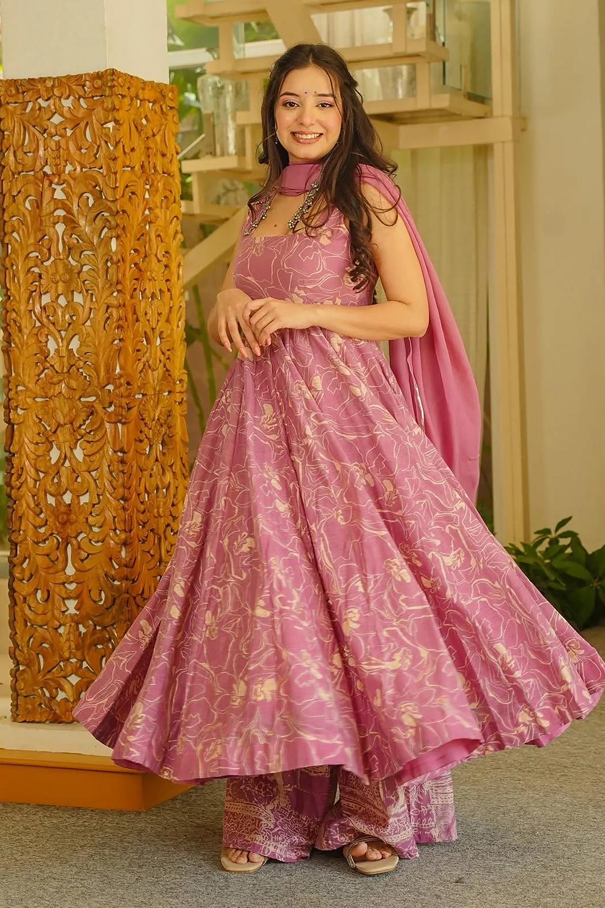 Dusty Mauve Pastel Floral Muslin Anarkali Kurti Set