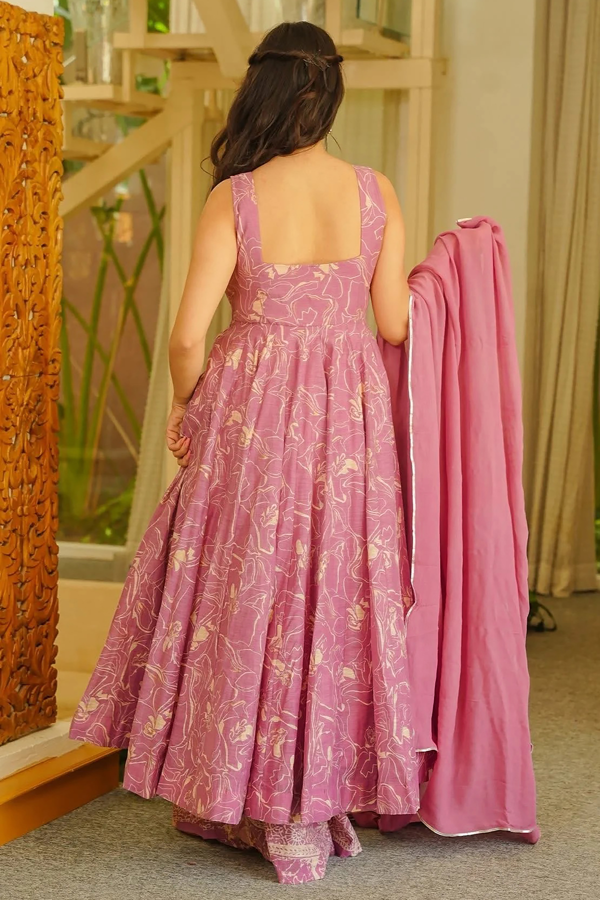 Dusty Mauve Pastel Floral Muslin Anarkali Kurti Set