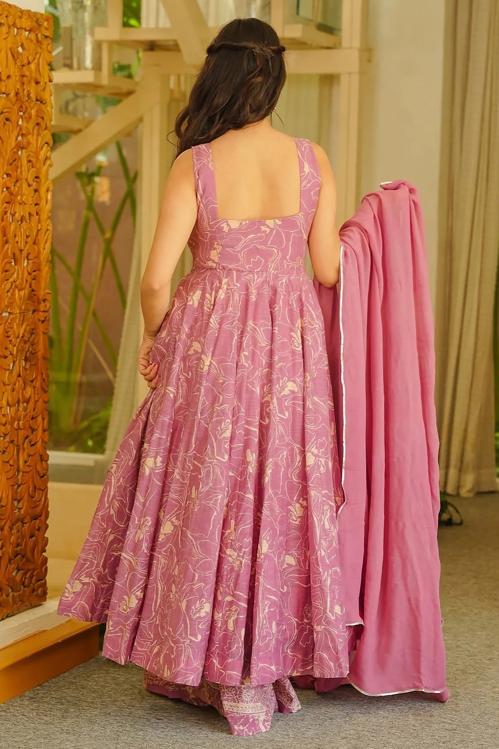 Dusty Mauve Pastel Floral Muslin Anarkali Kurti Set