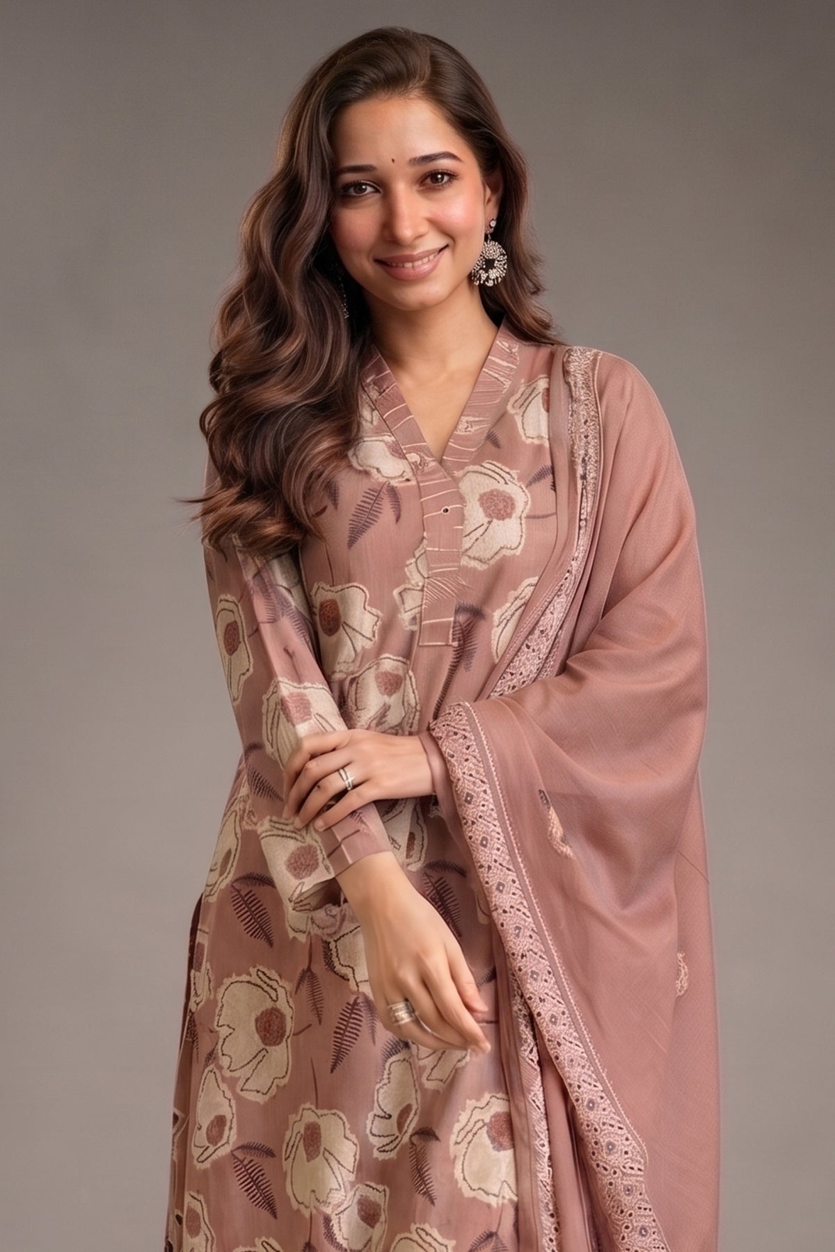 Dusty Rose Bold Floral Printed Cotton Straight Cut Kurti Set