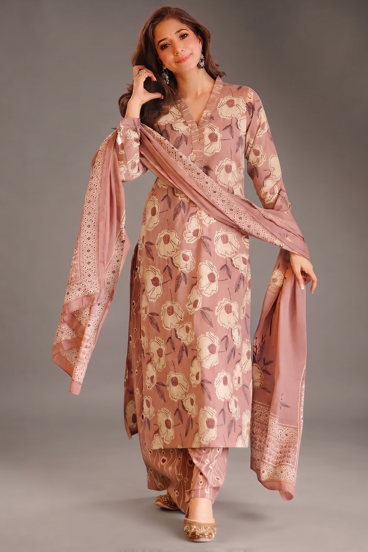 Dusty Rose Bold Floral Printed Cotton Straight Cut Kurti Set Main image