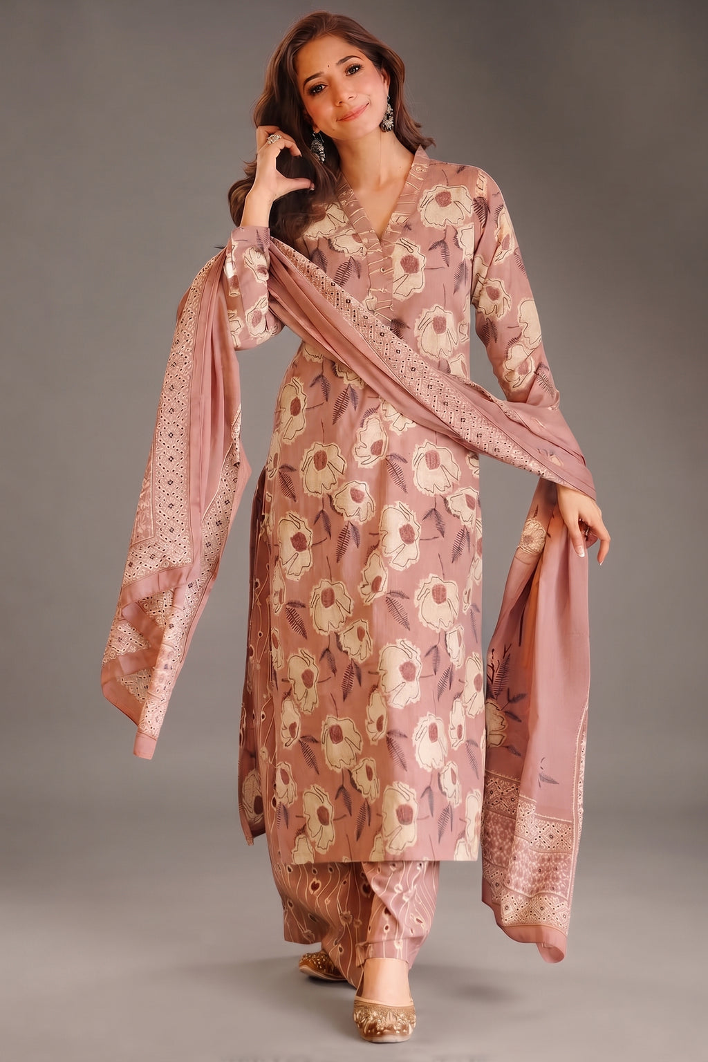 Dusty Rose Bold Floral Printed Cotton Straight Cut Kurti Set