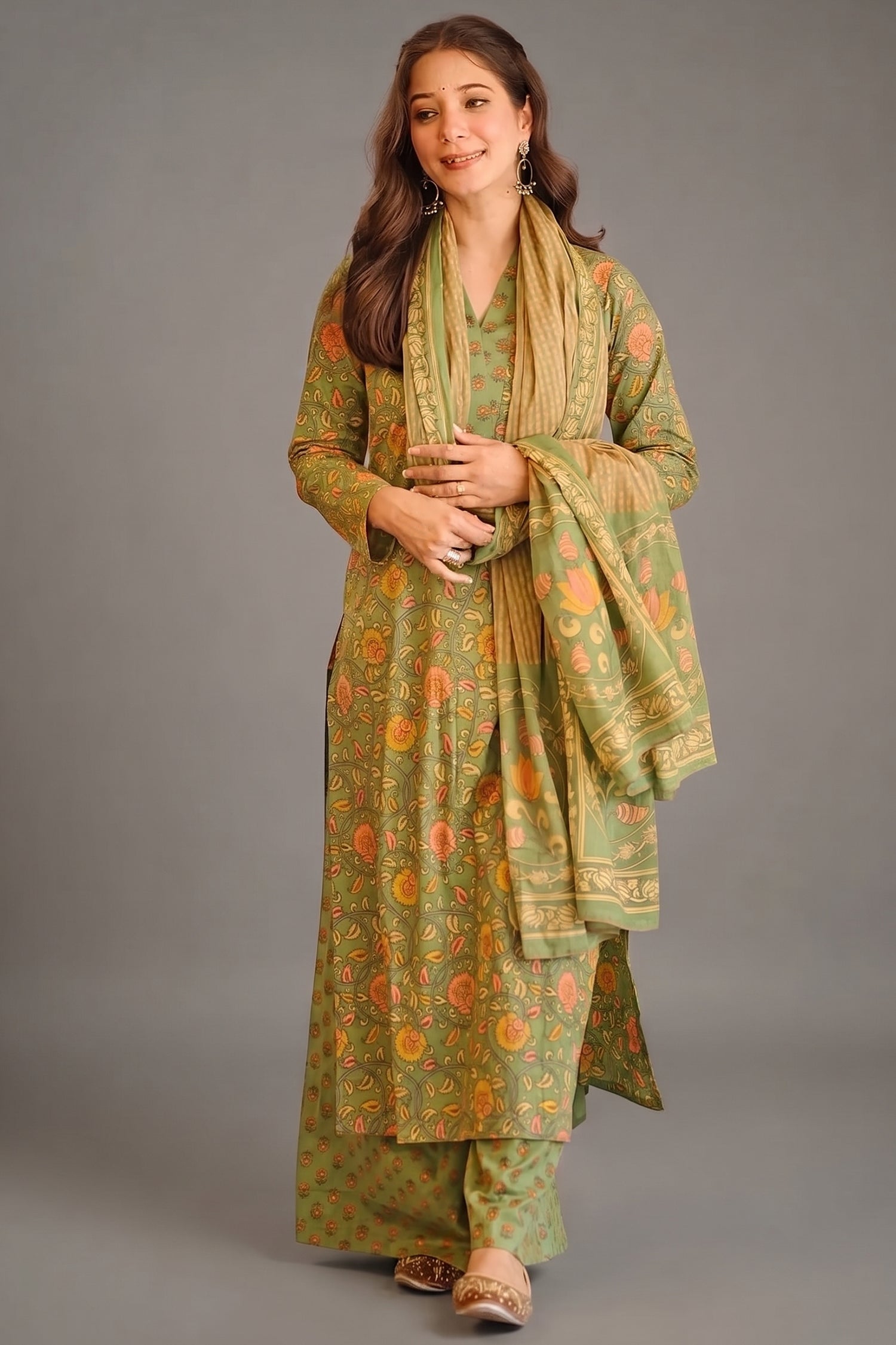 Sage Green Vintage Blossom Printed Cotton Kurti Set Main image