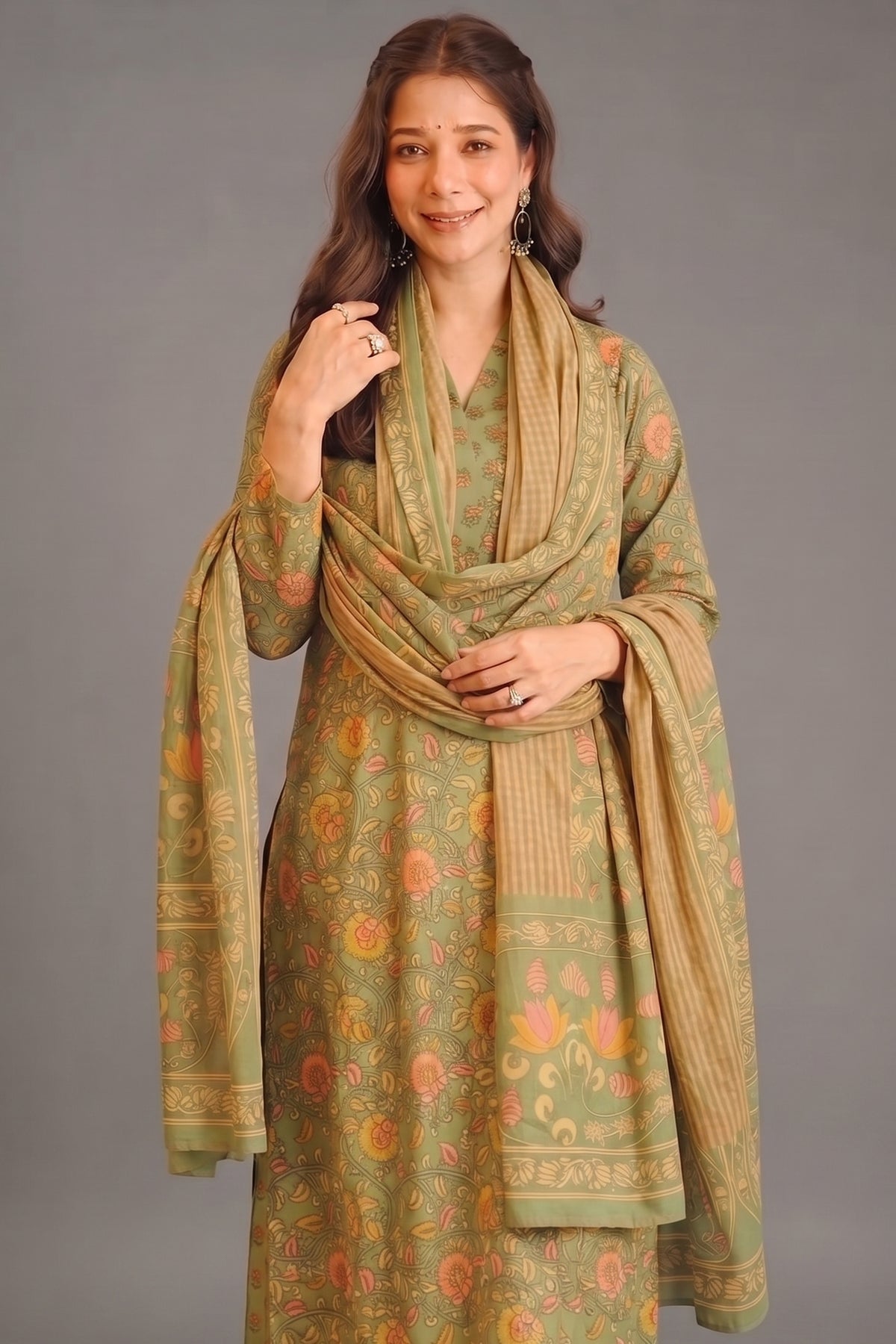 Sage Green Vintage Blossom Printed Cotton Kurti Set