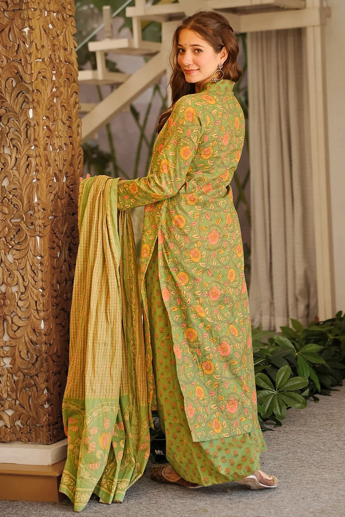 Sage Green Vintage Blossom Printed Cotton Kurti Set