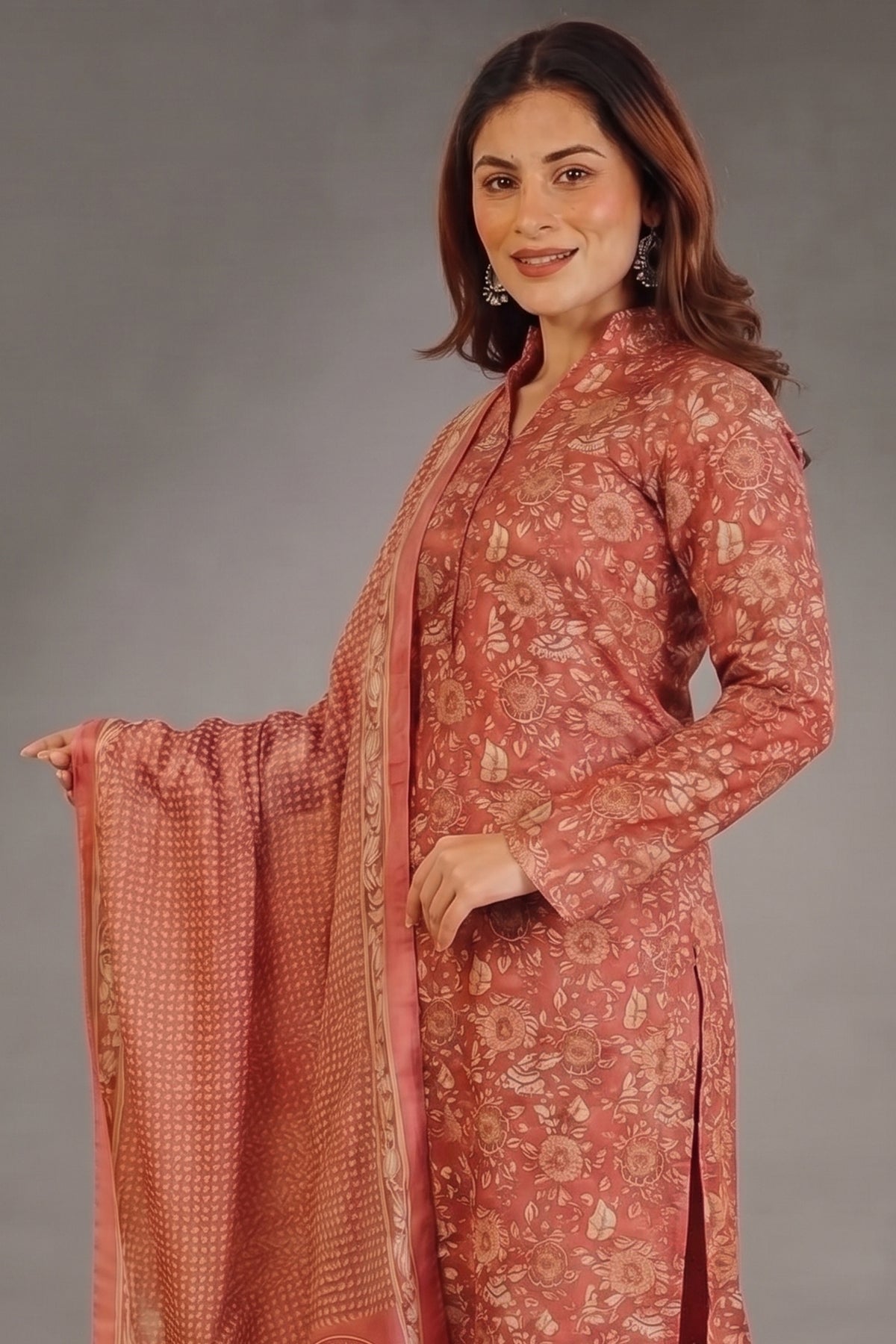 Terracotta Brick Intricate Motif Printed Cotton Kurti Set