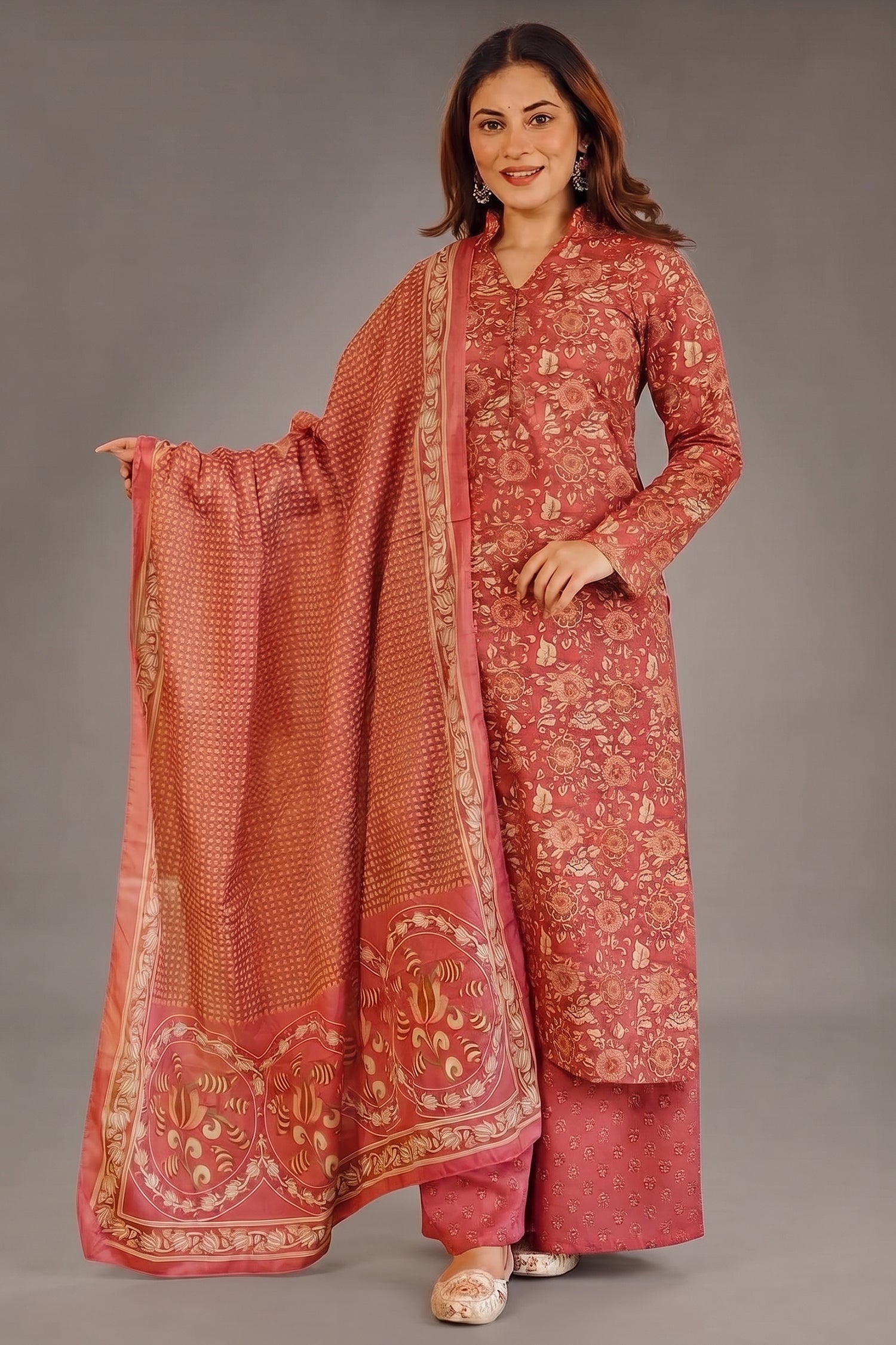 Terracotta Brick Intricate Motif Printed Cotton Kurti Set Main image