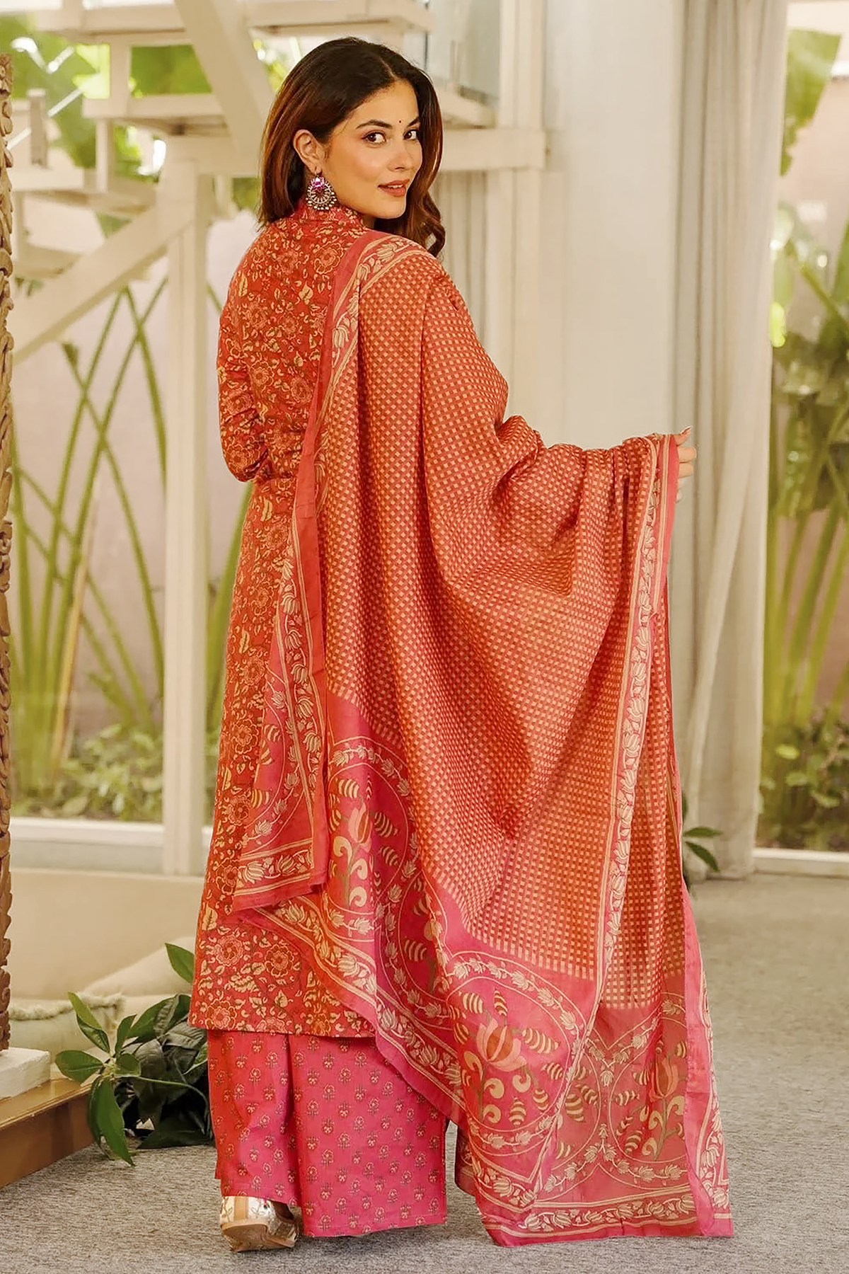 Terracotta Brick Intricate Motif Printed Cotton Kurti Set