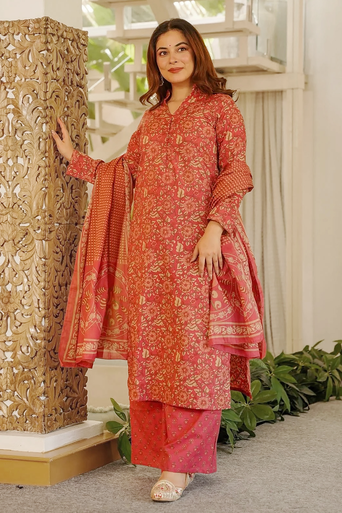 Terracotta Brick Intricate Motif Printed Cotton Kurti Set