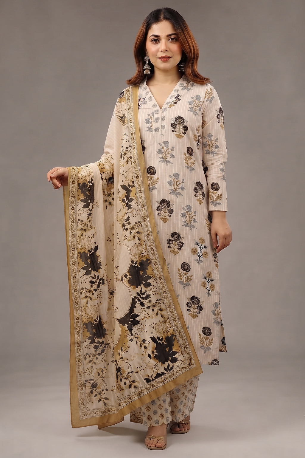 Ivory & Onyx Artisan Botanical Printed Cotton Kurti Set